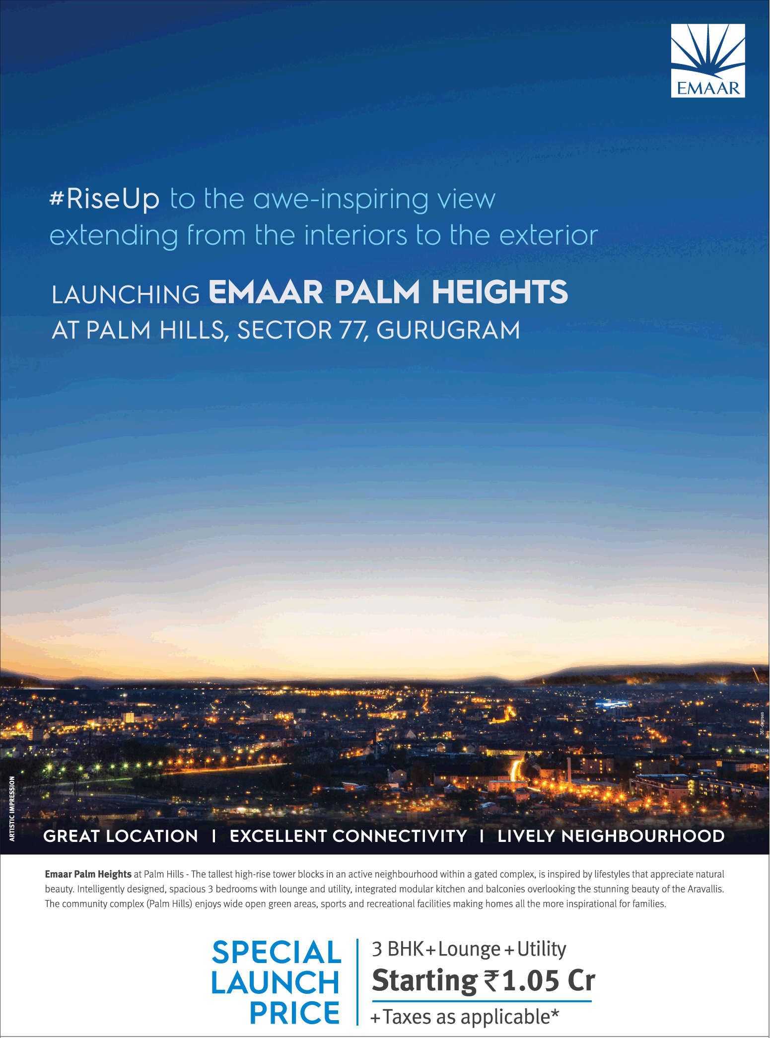Special launch 3 bhk @ Rs 1.05 Cr. at Emaar Palm Heights in Gurgaon